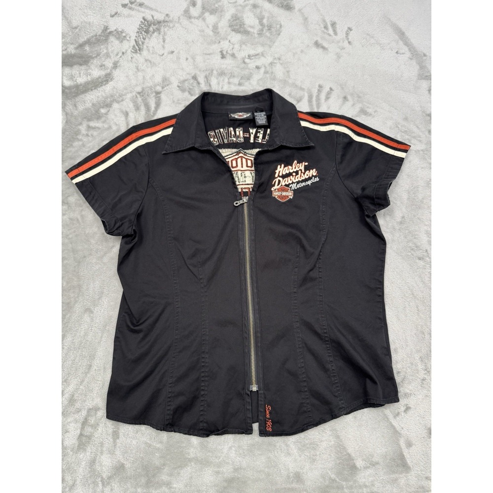 Harley Davidson Zip Front Shirt Womens Large Black Orange Embroidered Logo Biker